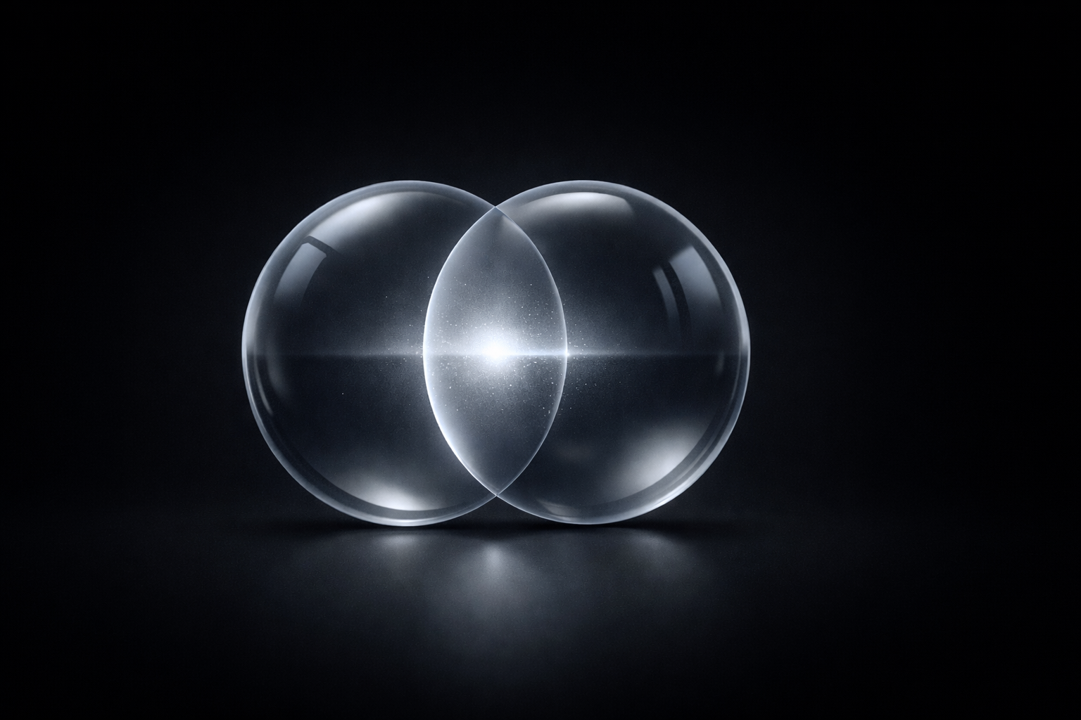 Minimal 3D spheres intersecting on a dark background, symbolizing Web2 and Web3 growth strategy convergence.
