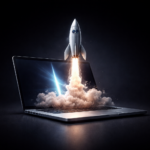 3D rocket launching from a laptop on a dark background, symbolizing Web3 project launch and GTM scaling.