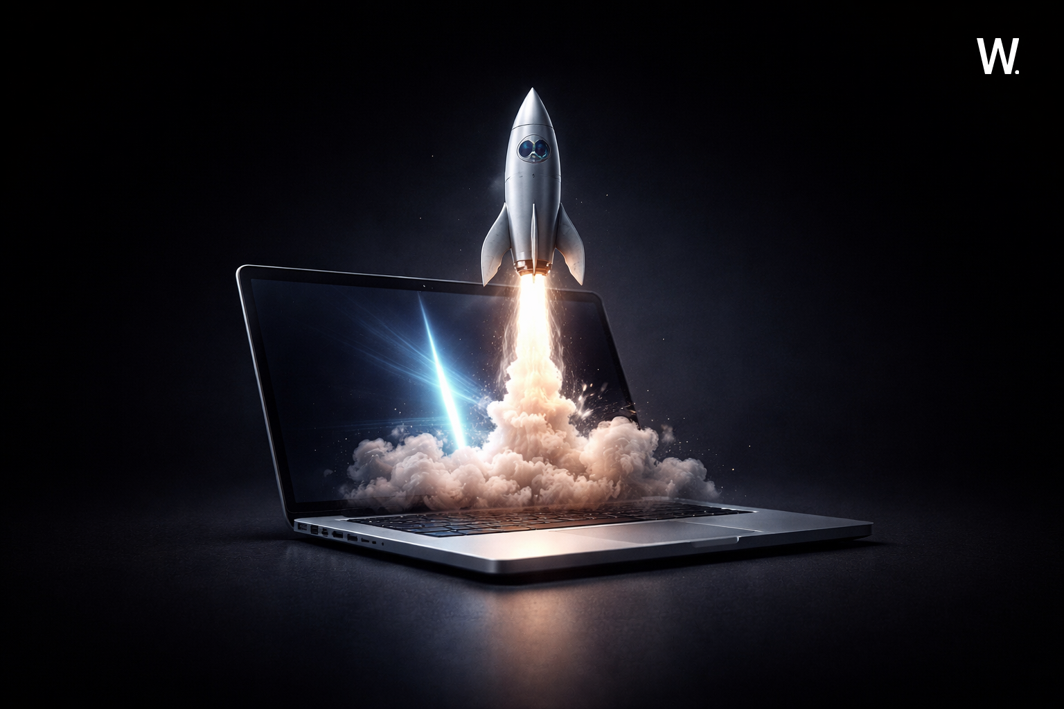 3D rocket launching from a laptop on a dark background, symbolizing Web3 project launch and GTM scaling.